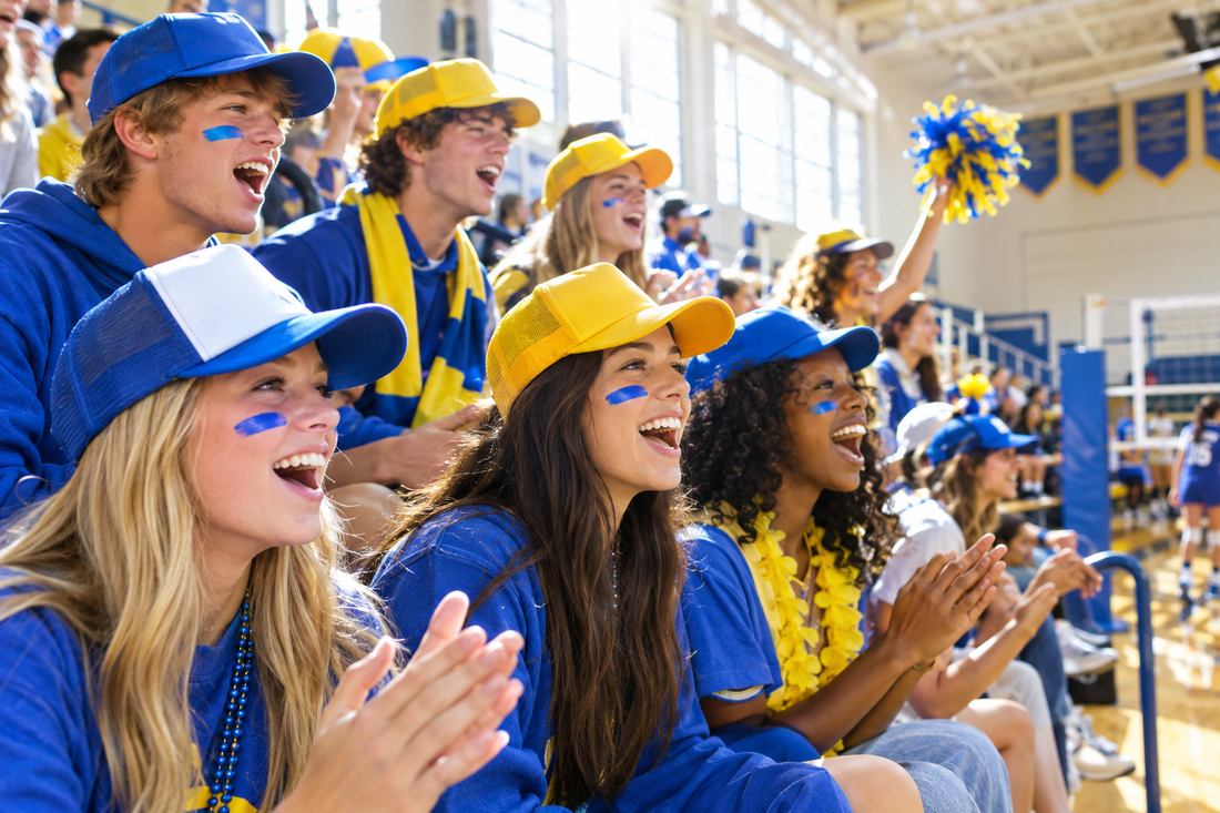 Sunlit high school volleyball fans cheering in the bleachers wearing rally caps and team colors