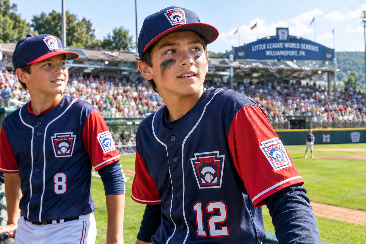 Young baseball players in detailed navy and scarlet tournament uniforms at a sunlit Williamsport championship ballpark