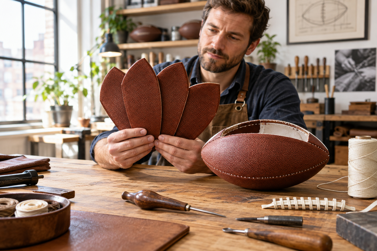 Illustrative editorial scene of a craftsperson preparing leather panels for a football in a workshop
