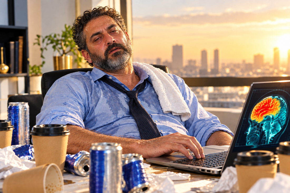 An exhausted, sweat-soaked man slumped at his desk at sunset while his laptop shows a brain scan glowing red hot