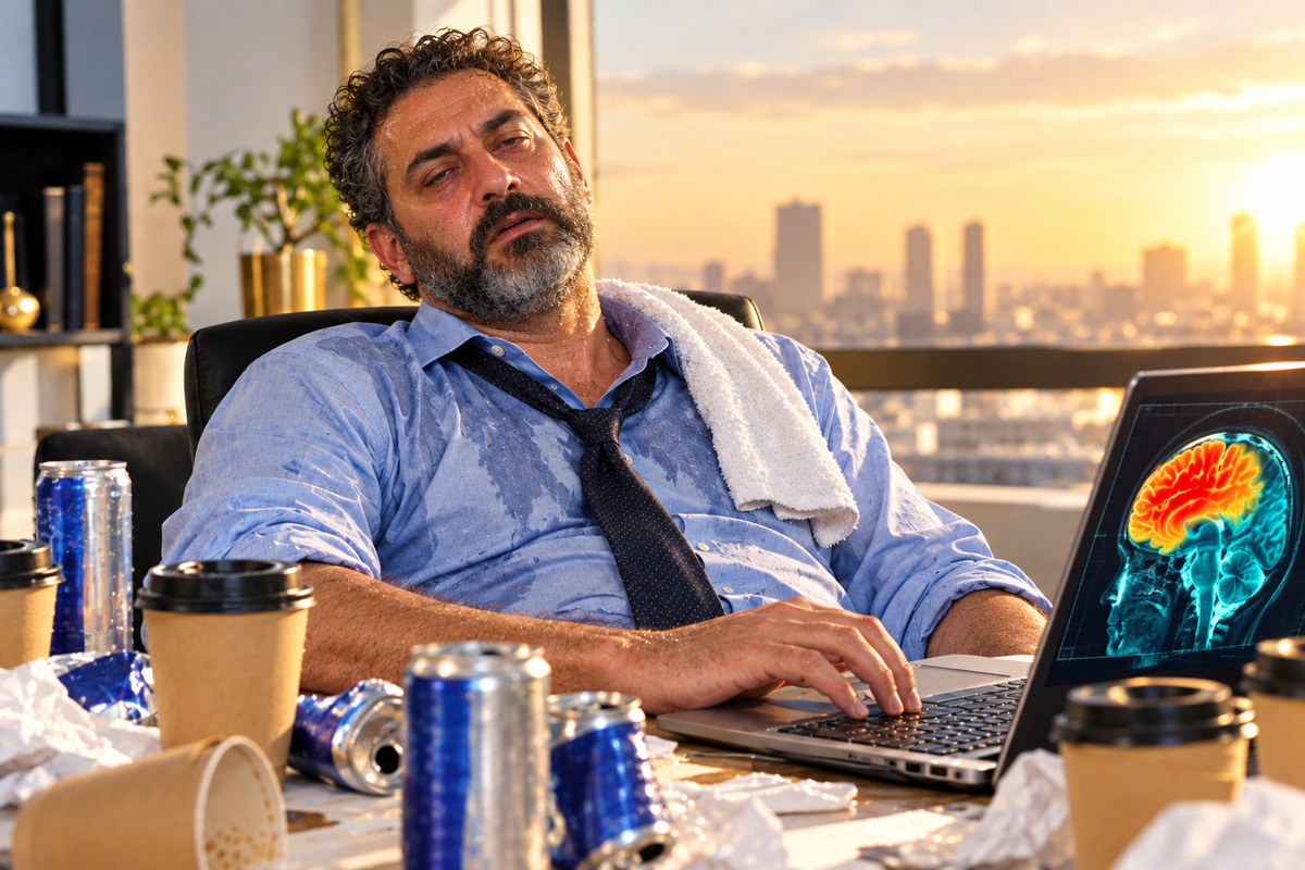 An exhausted, sweat-soaked man slumped at his desk at sunset while his laptop shows a brain scan glowing red hot