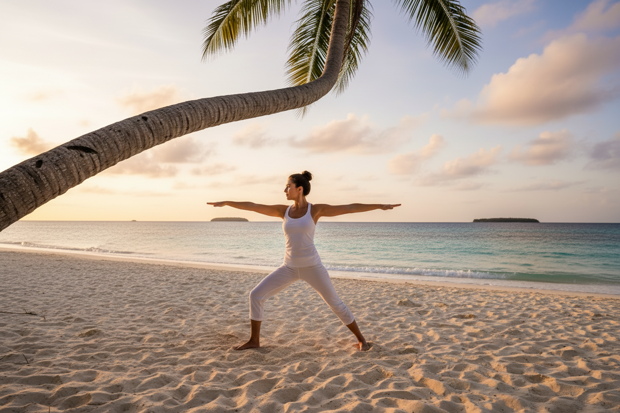 Woman doing yoga on a beach at sunrise